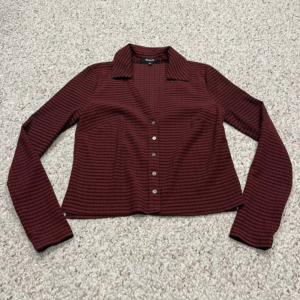 Madewell Seersucker Crop Shirt S Cabernet Preppy Classic Casual Long Sleeve